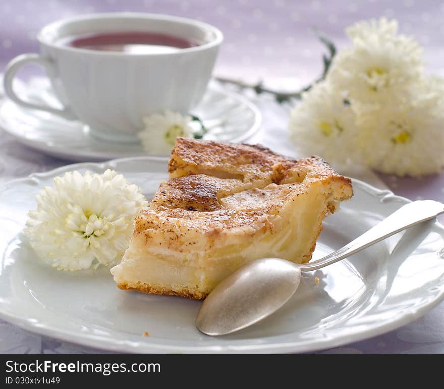 Slice of apple pie and cup of tea. Slice of apple pie and cup of tea