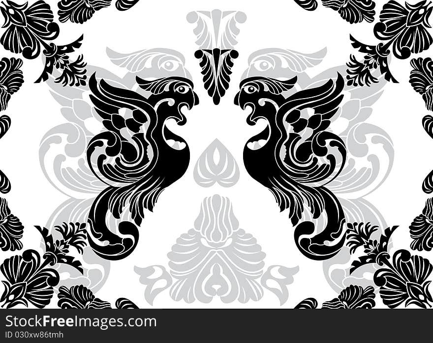 Phoenix stencil and decorative framework, illustration for design