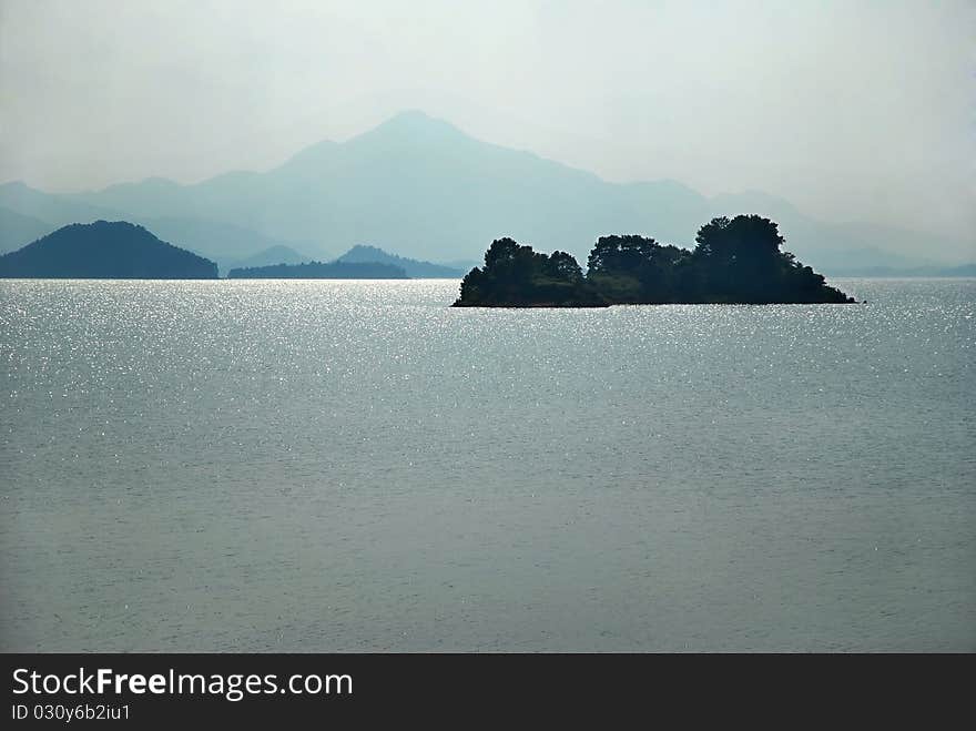 Little islands in the morning with fog.