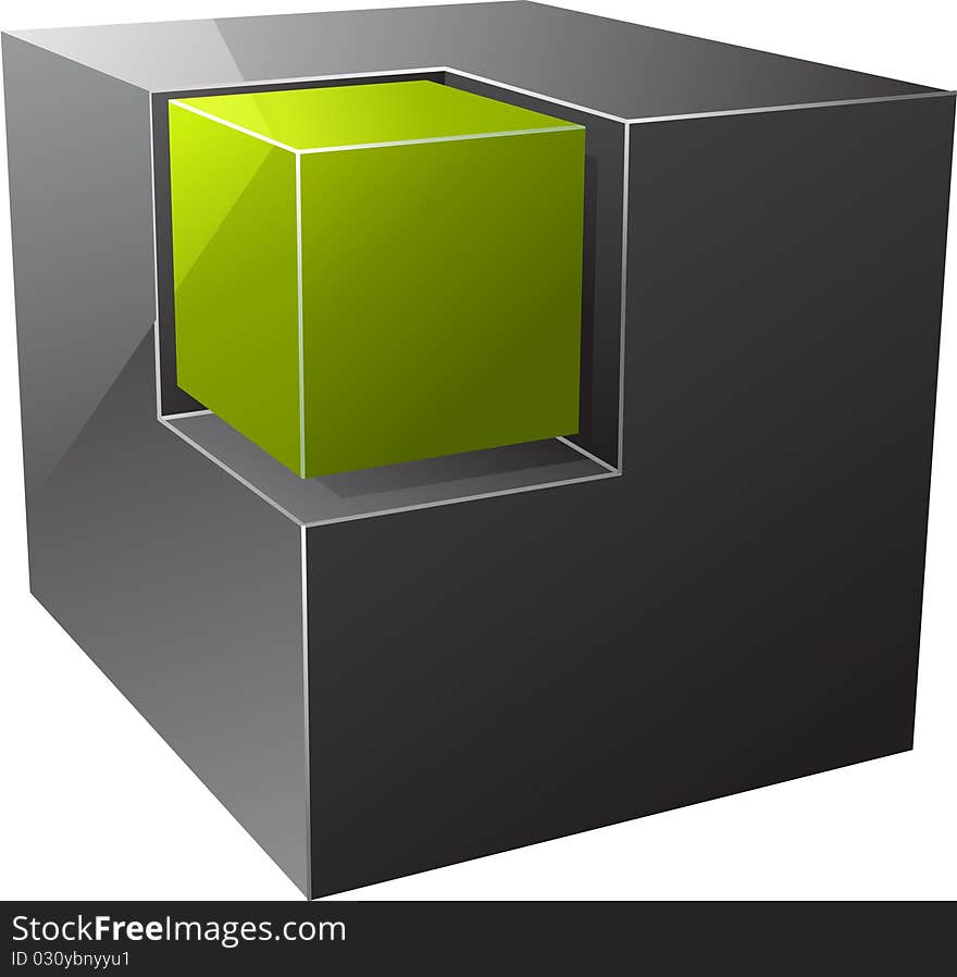 Black cube with small green one. Black cube with small green one.