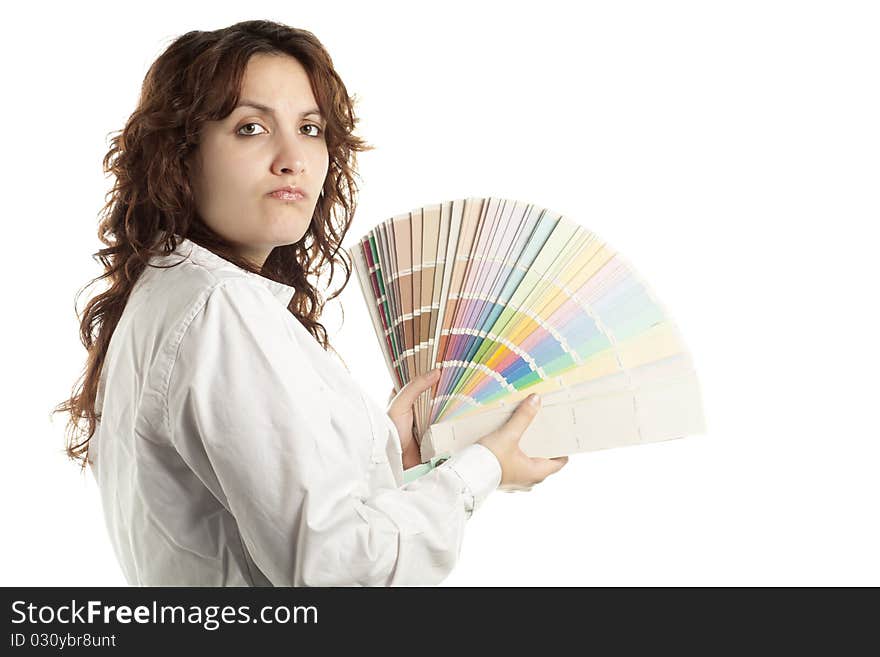 Woman in Doubt with Color Swatch, Isolated on White