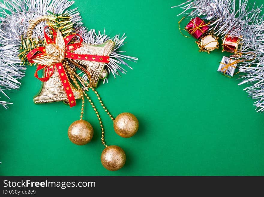 Christmas decoration objects on light green background. Christmas decoration objects on light green background