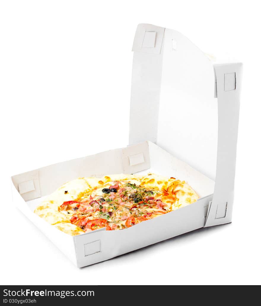 Pizza in a takeaway box isolated on white background