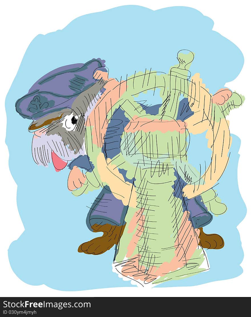 The dog the captain holds a steering wheel and operates the ship in an illustration