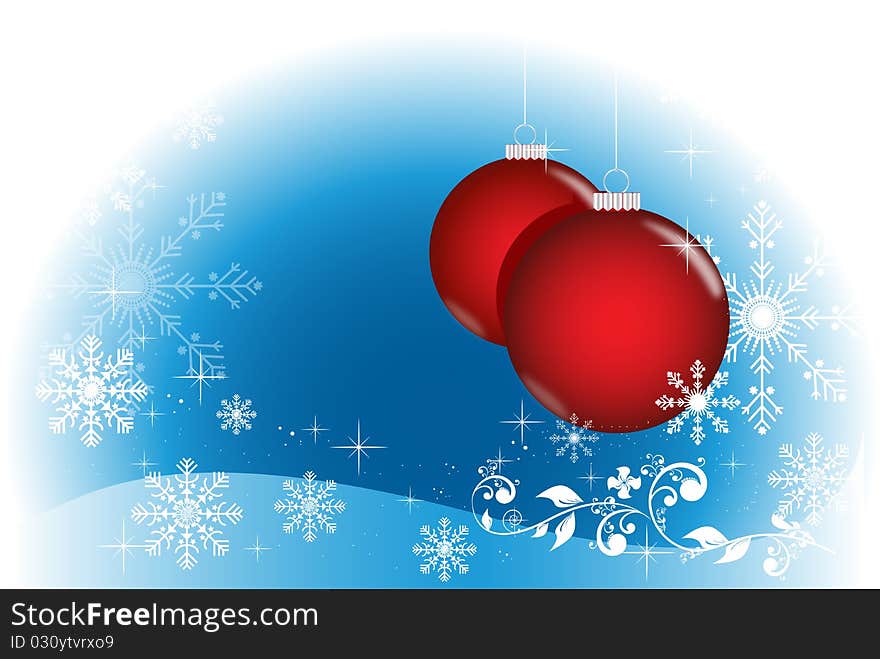 Winter illustration with two red Christmas balls on a blue sparkling background with shining stars and snowflakes. Winter illustration with two red Christmas balls on a blue sparkling background with shining stars and snowflakes.