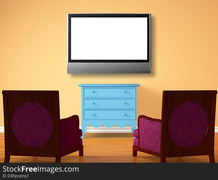 Two chairs opposite wooden bedside with the lcd tv in minimalist interior