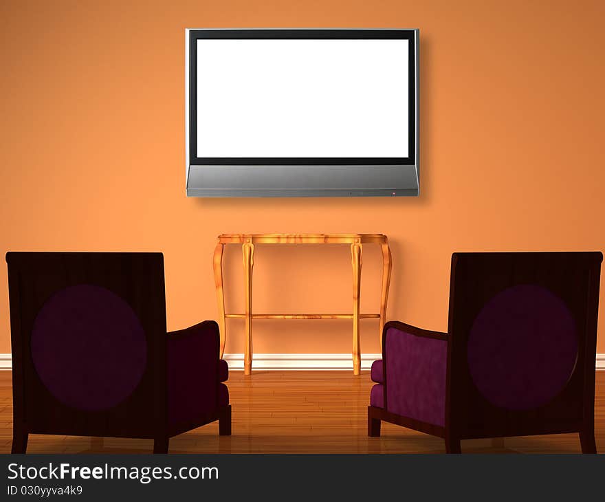 Two luxurious chairs with wooden console and the lcd tv in minimalist interior. Two luxurious chairs with wooden console and the lcd tv in minimalist interior