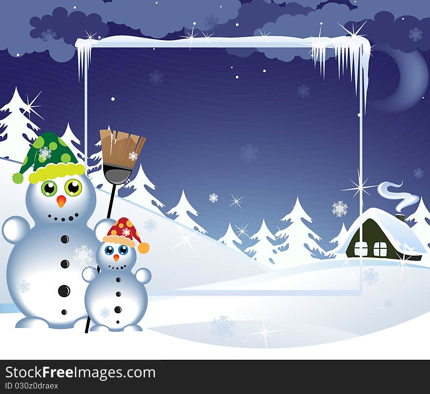 Two snowmen in the bright hats near a lonely hut. Two snowmen in the bright hats near a lonely hut