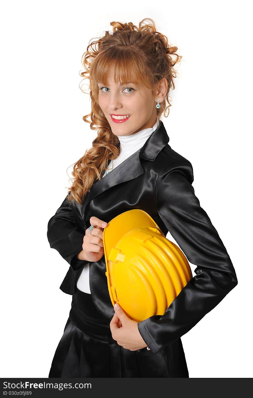 Business woman with yellow safety hat isolated on a white background. Business woman with yellow safety hat isolated on a white background