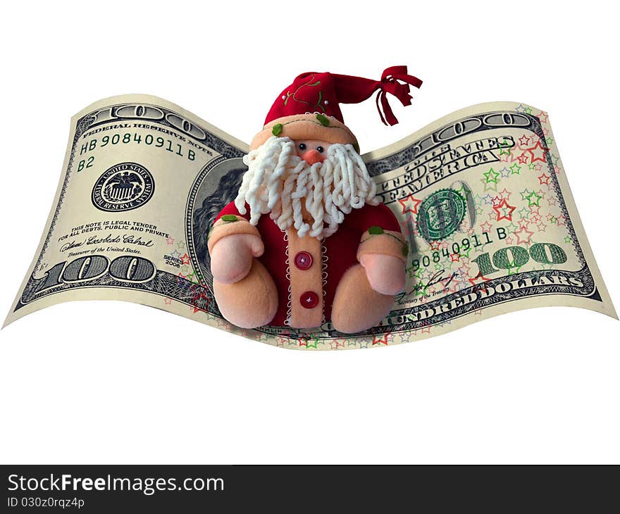 Santa flies on a magic carpet ride of dollars. Santa flies on a magic carpet ride of dollars