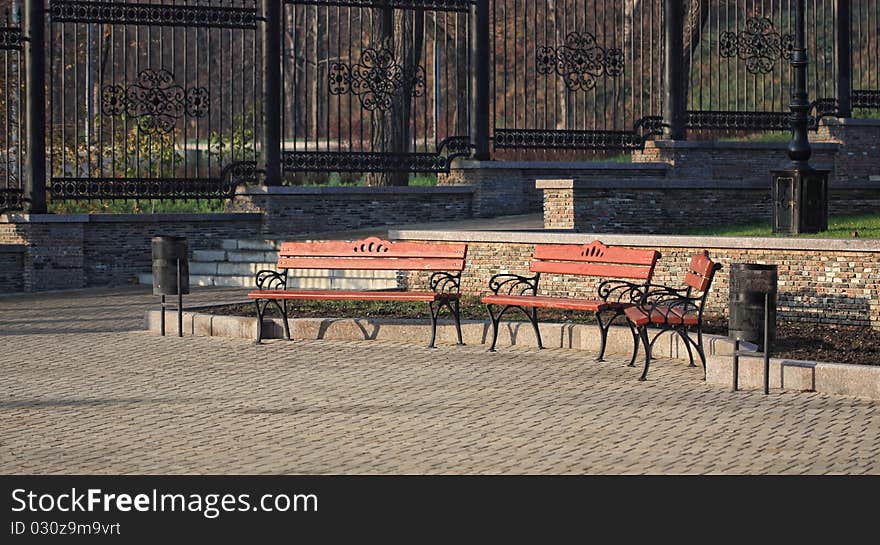 Wooden benches in a city park