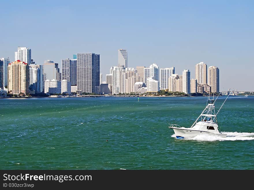 Condos and Sport Fishingboat on Biscayne Bay