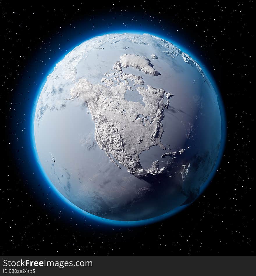 Winter planet Earth - covered in snow and ice planet with a real detailed terrain, soft shadows and volumetric clouds in space against a starry sky. Winter planet Earth - covered in snow and ice planet with a real detailed terrain, soft shadows and volumetric clouds in space against a starry sky