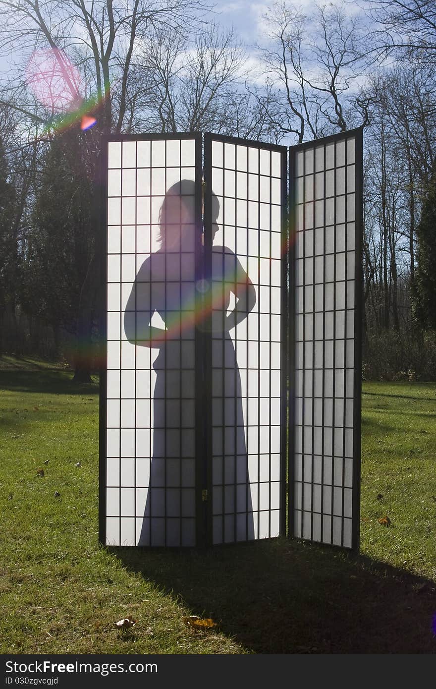 A silhouette of a young woman in a dress against a three-fold screen outside. A silhouette of a young woman in a dress against a three-fold screen outside.