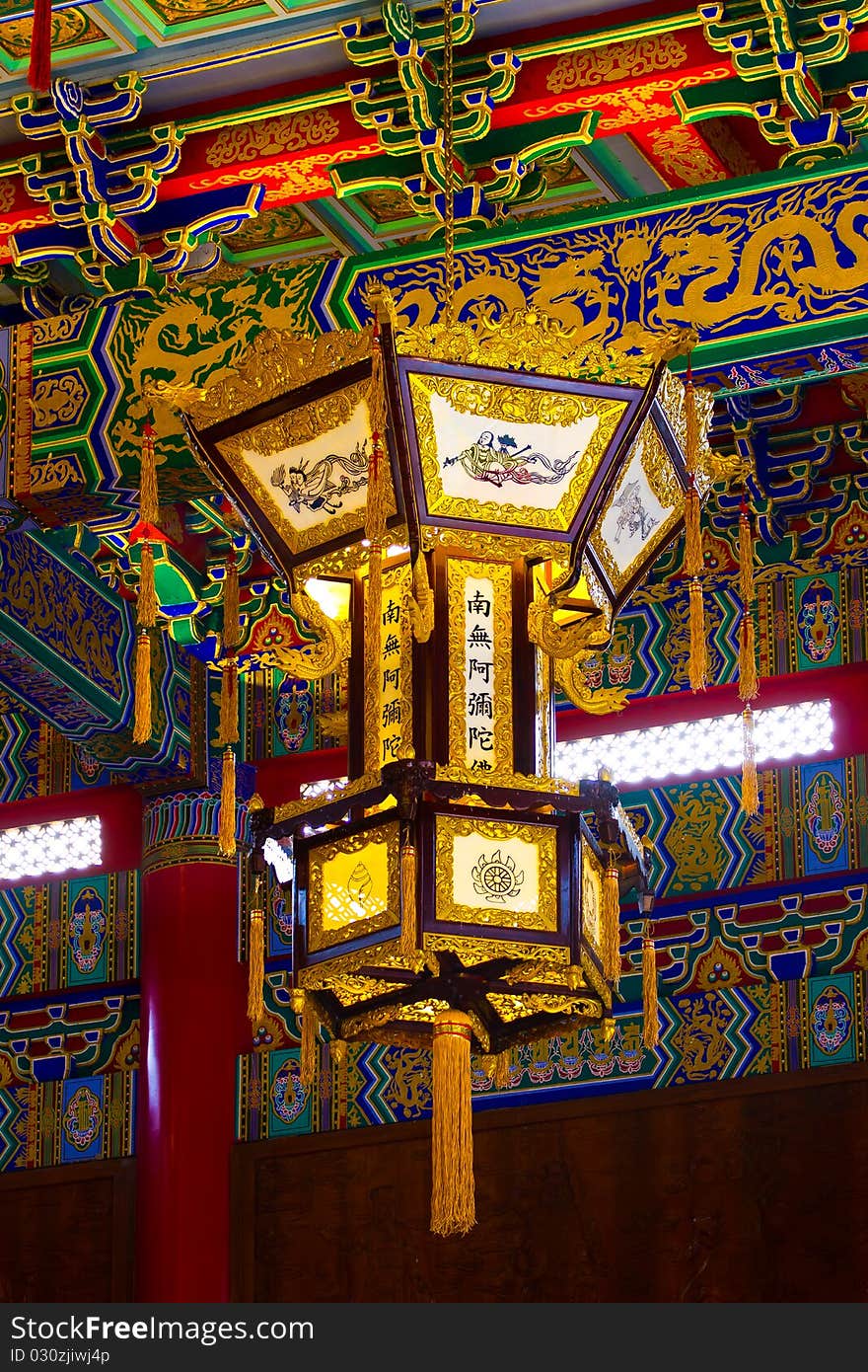 Lamps installed in a large Chinese temple in Thailand.