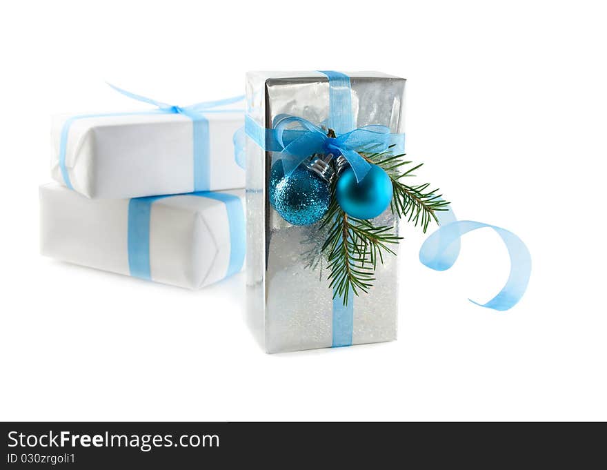 Silver Christmas gift on a white background. Silver Christmas gift on a white background