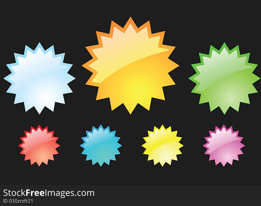 Seven multi color badges on black background