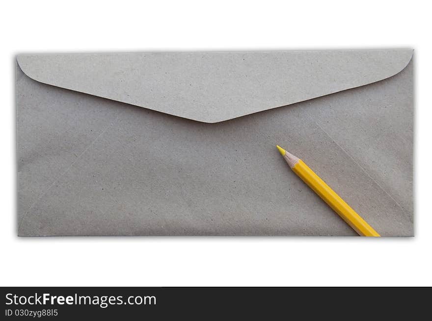 Envelope and yellow pencil as white isolate background. Envelope and yellow pencil as white isolate background