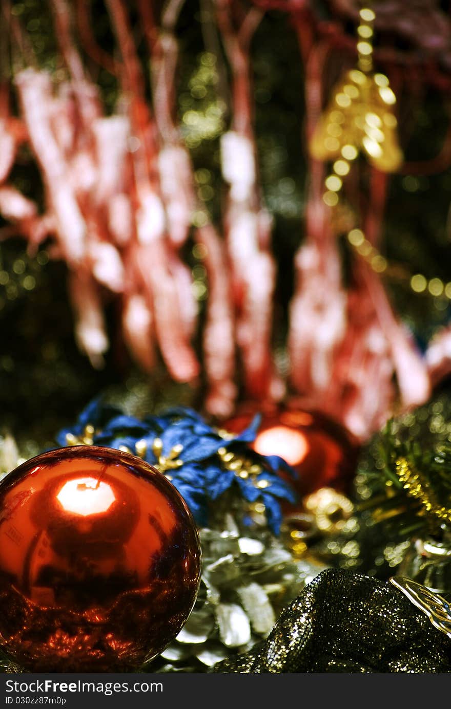 Different Christmas decorations on the sheer black material. Different Christmas decorations on the sheer black material