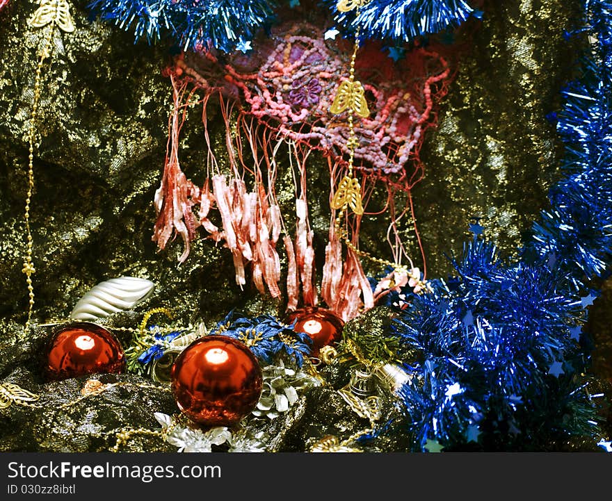 Different Christmas decorations on the sheer black material. Different Christmas decorations on the sheer black material