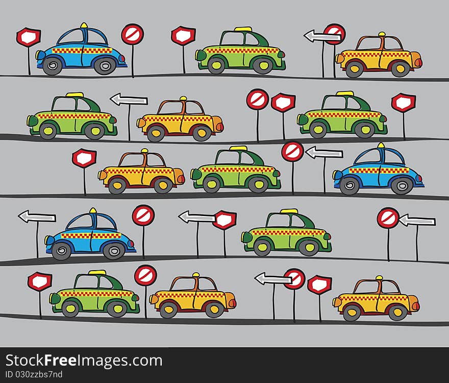 Taxi cars and traffic signs cartoon, abstract vector art illustration