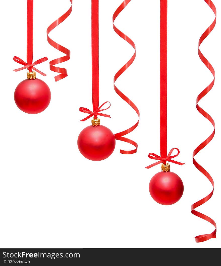 сhristmas balls hanging with ribbons