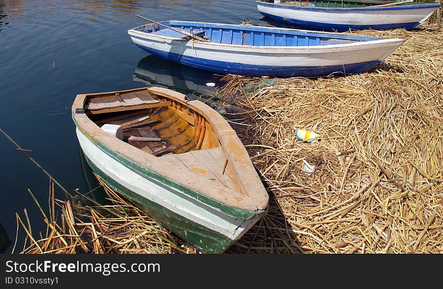 Local motorboats, floating island, titicaca lake