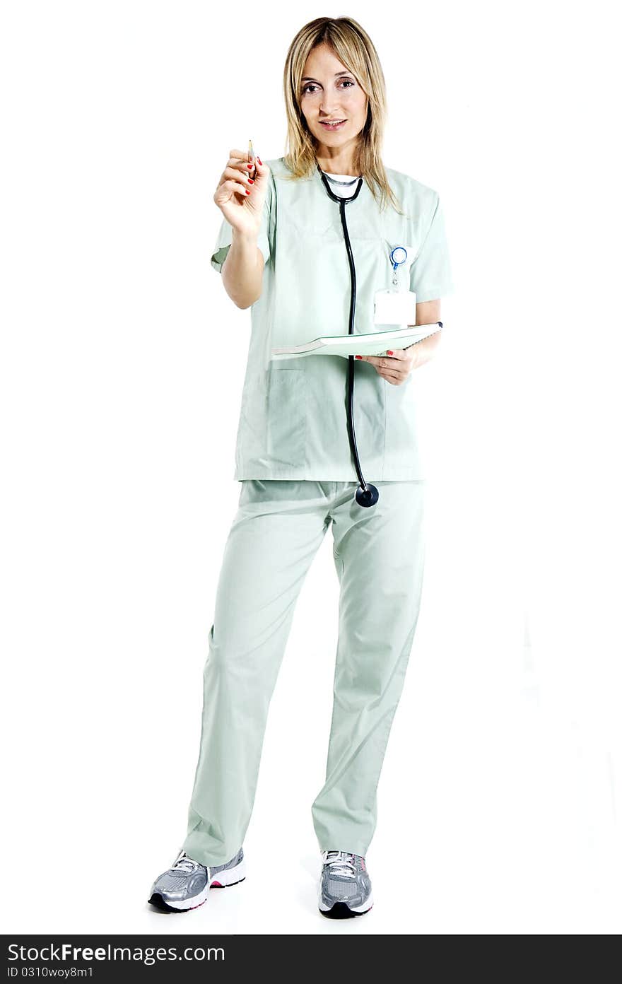 Smiling confident medical staff pointing with a pen. Smiling confident medical staff pointing with a pen