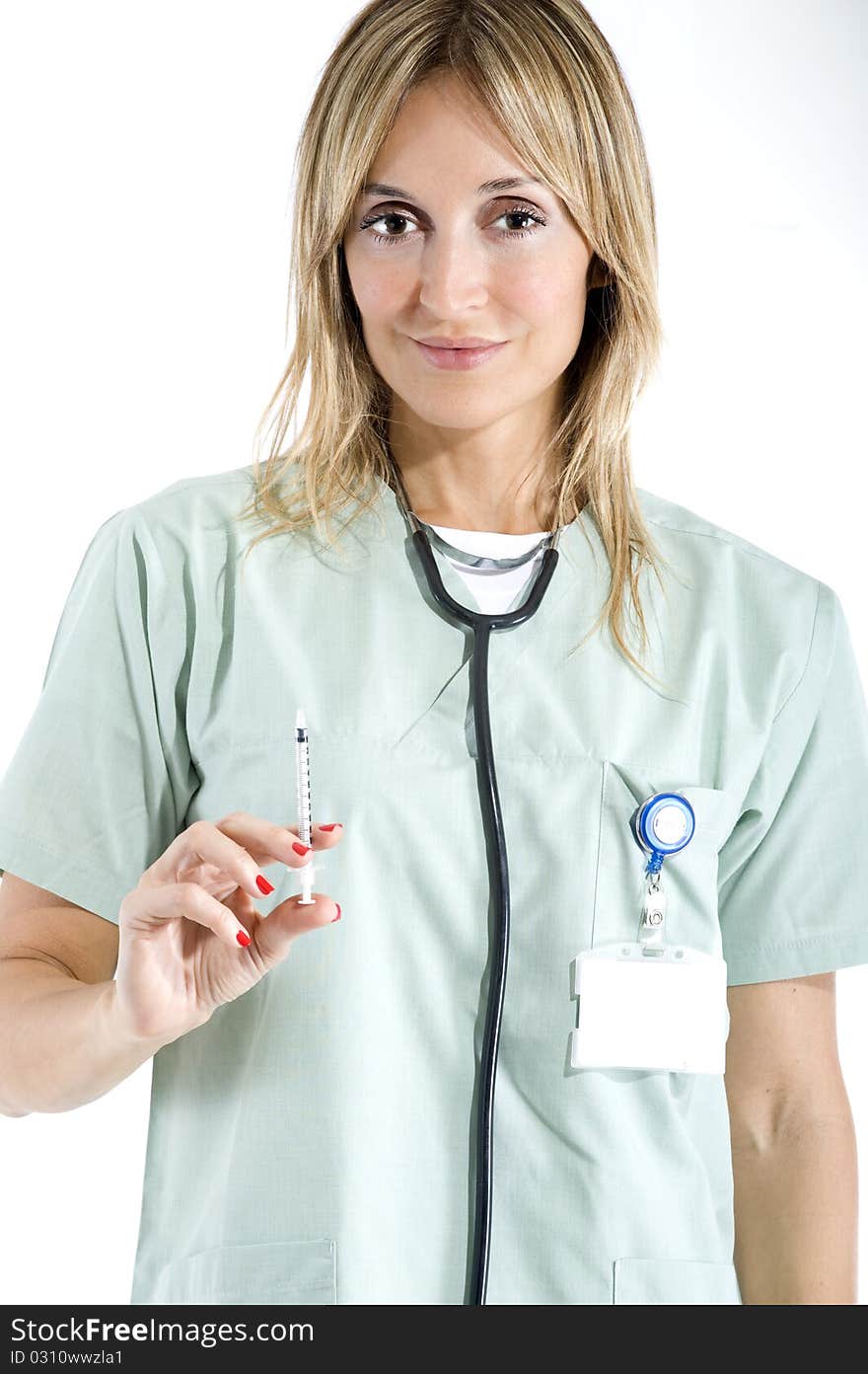 Smiling confident medical staff holding a syringe. Smiling confident medical staff holding a syringe