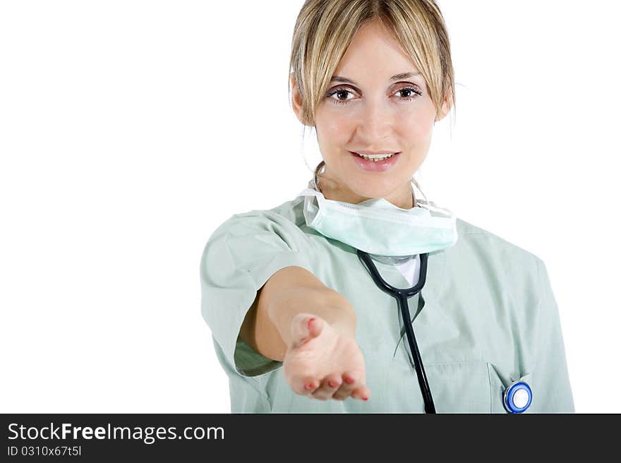 Smiling confident medical staff holding out her hand to patients for help. Smiling confident medical staff holding out her hand to patients for help