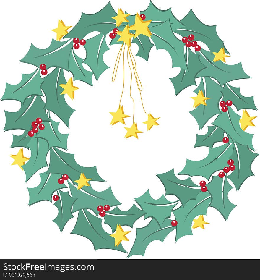 Christmas holly wreath with stars and berries