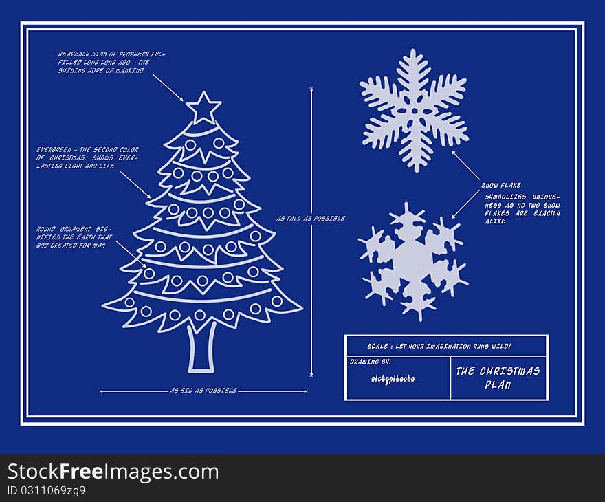 Blue print of a Christmas tree and snow flakes. Blue print of a Christmas tree and snow flakes