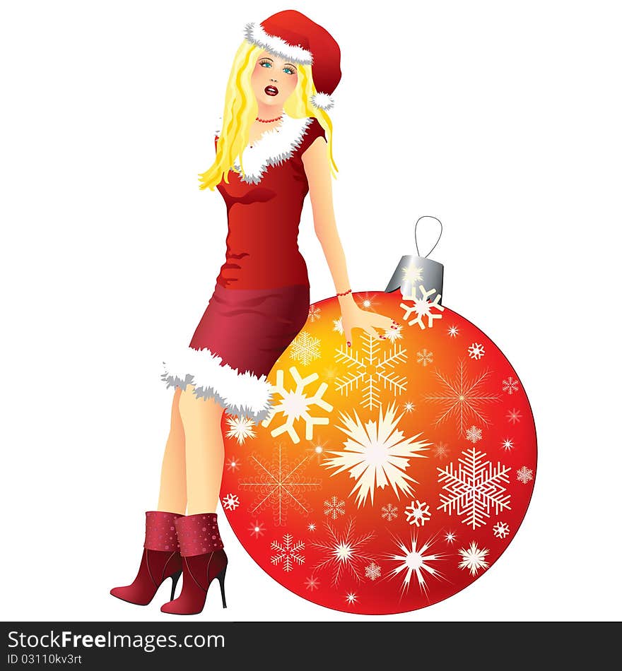 Vector snow maiden in a red dress and a Christmas ball with snowflakes