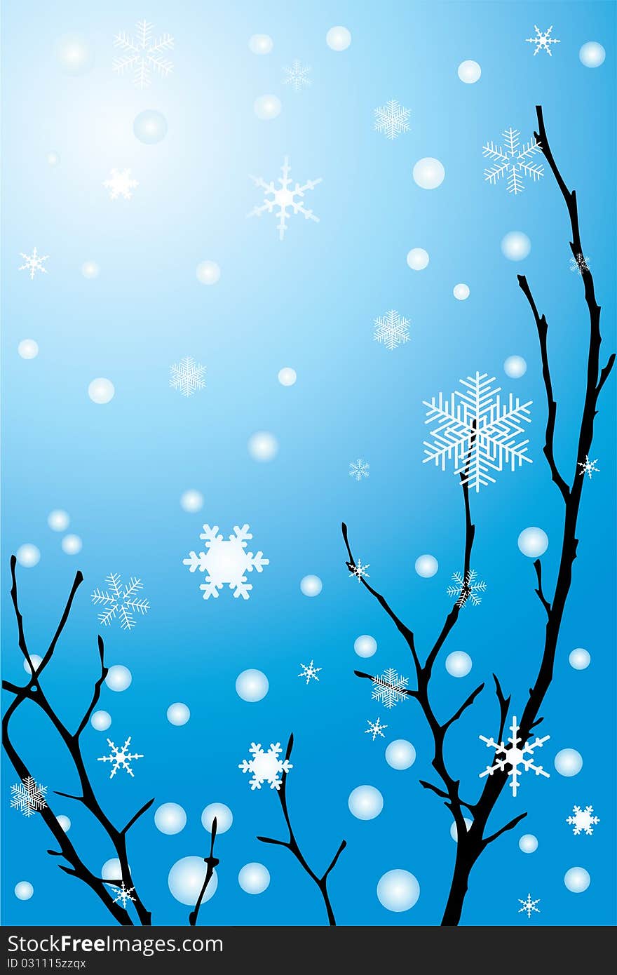 Branch of a tree and falling snow on a blue background. Vector. Branch of a tree and falling snow on a blue background. Vector.