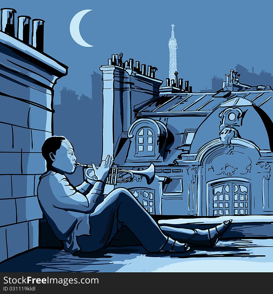 Vector illustration of trumpet player on a roof in Paris