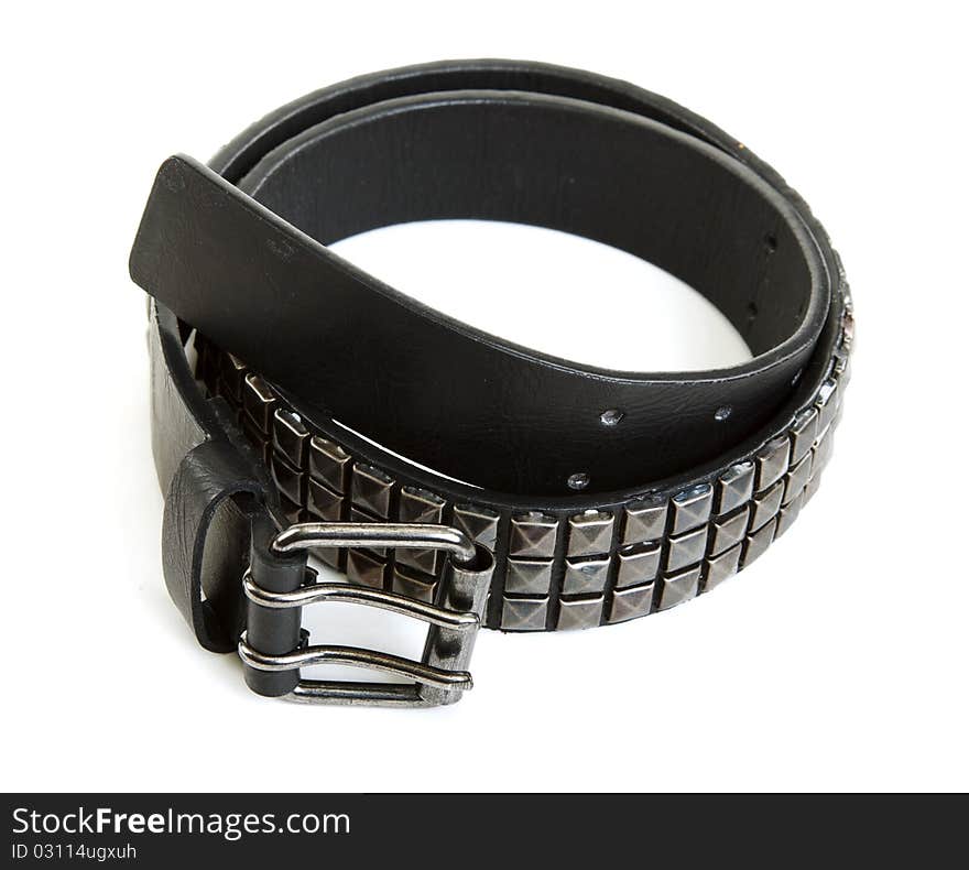 Black leather belt with steel buckle on white background