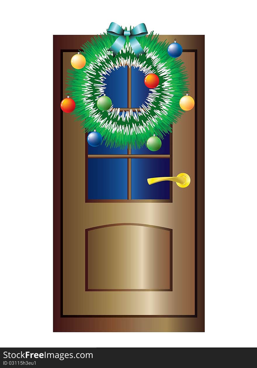 Christmas wreath on the brown door with glass. Vector. Christmas wreath on the brown door with glass. Vector.