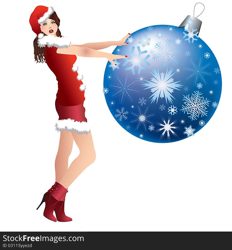 Vector snow maiden in a red dress and blue Christmas ball. Vector snow maiden in a red dress and blue Christmas ball.