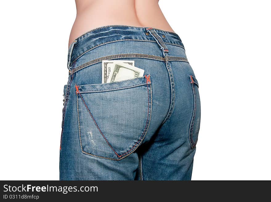 Girl dressed in blue jeans with pockets in which money