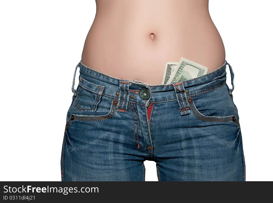 Girl dressed in blue jeans with pockets in which money