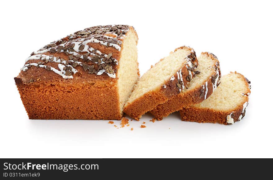 Sliced loaf of sweet bread with chocolate chips. Isolated on white background.