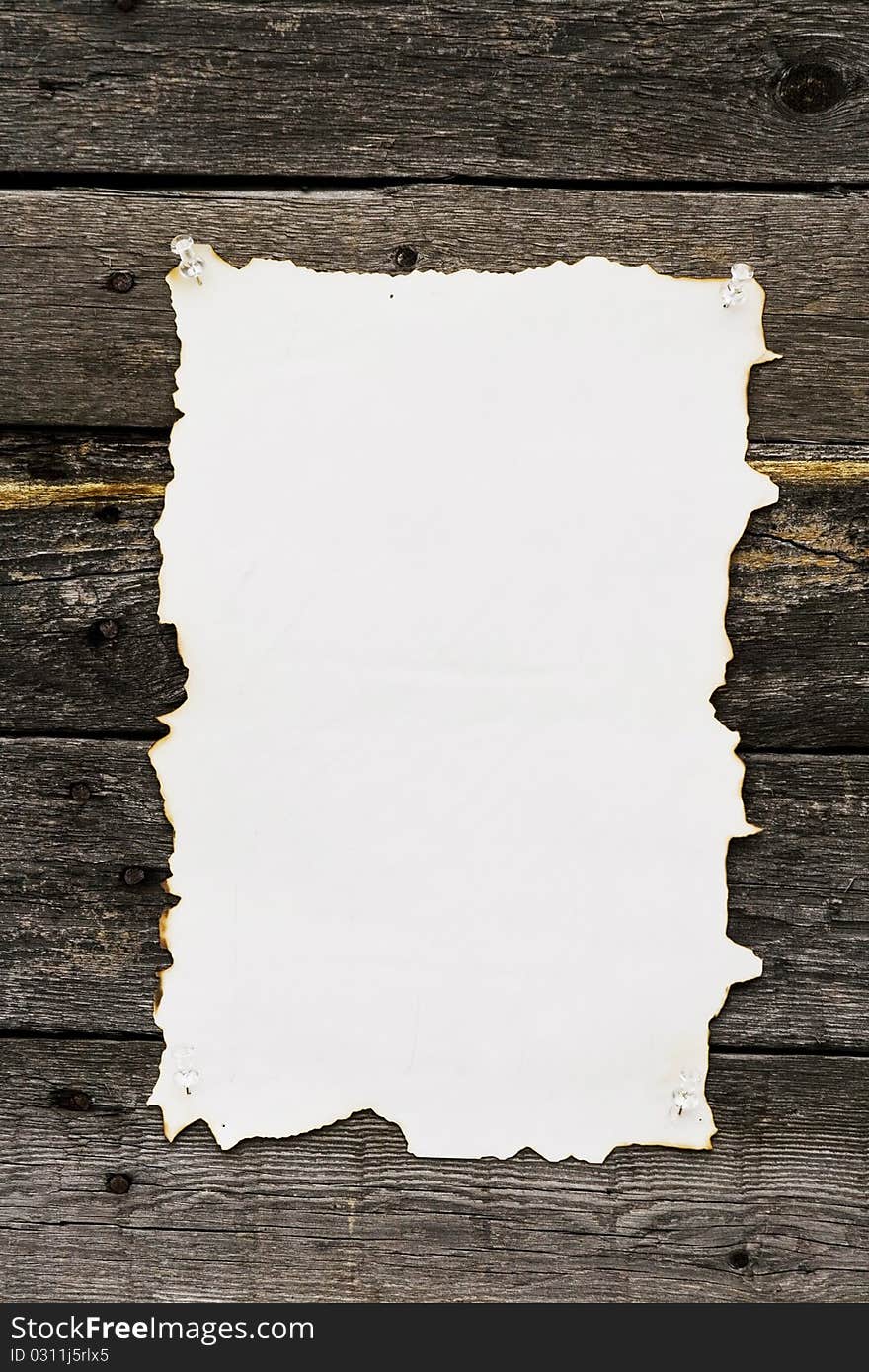 Old-fashioned paper sheet on wooden wall. Old-fashioned paper sheet on wooden wall.