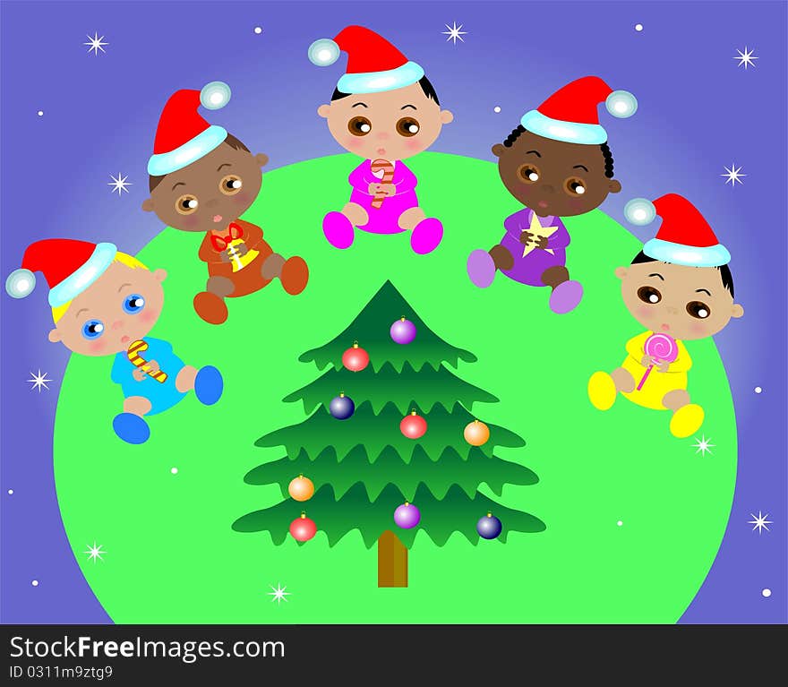 Five kids near a fur-tree