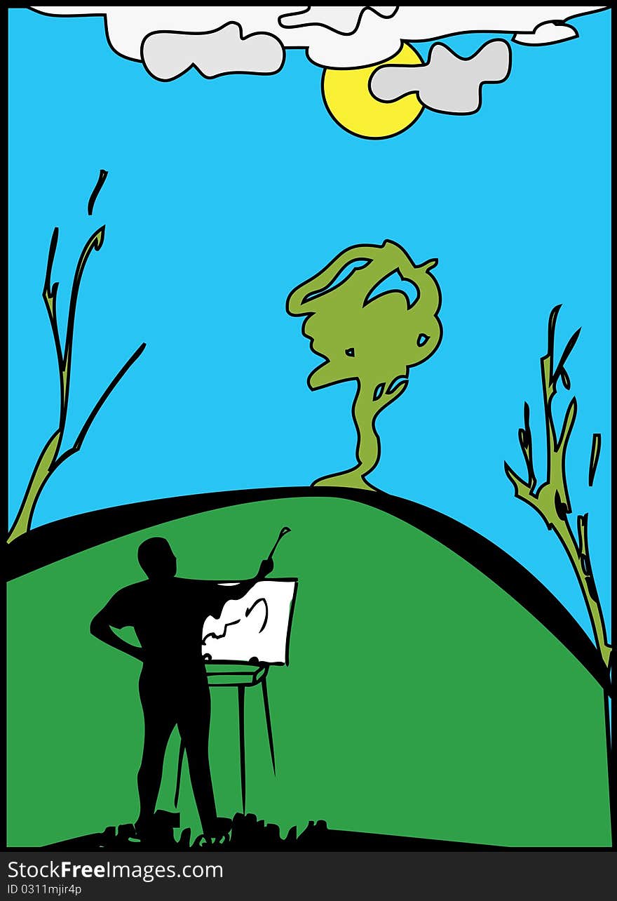 Silhouette of the artist in the open air. Illustration