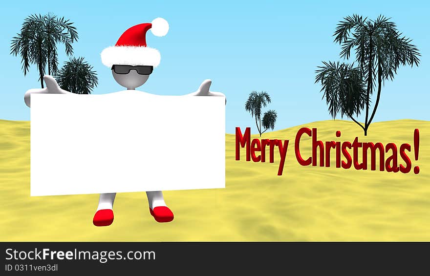 Christmas figure with white sign and Merry Christmas background in desert