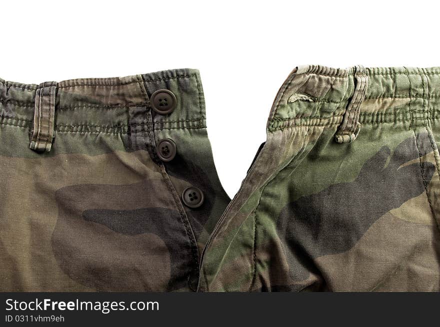 Camouflage pattern trousers on a white background with clipping path. Camouflage pattern trousers on a white background with clipping path