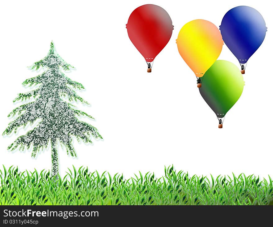 Illustration for children with balloons and tree on white background. Illustration for children with balloons and tree on white background