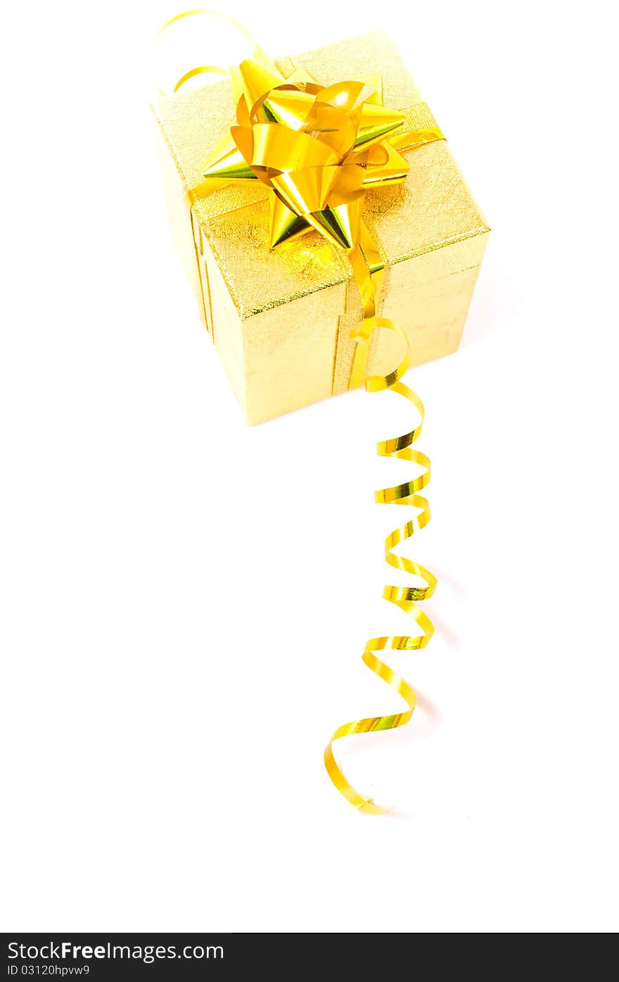 Christmas golden gift-box on white background, with golden ribbon