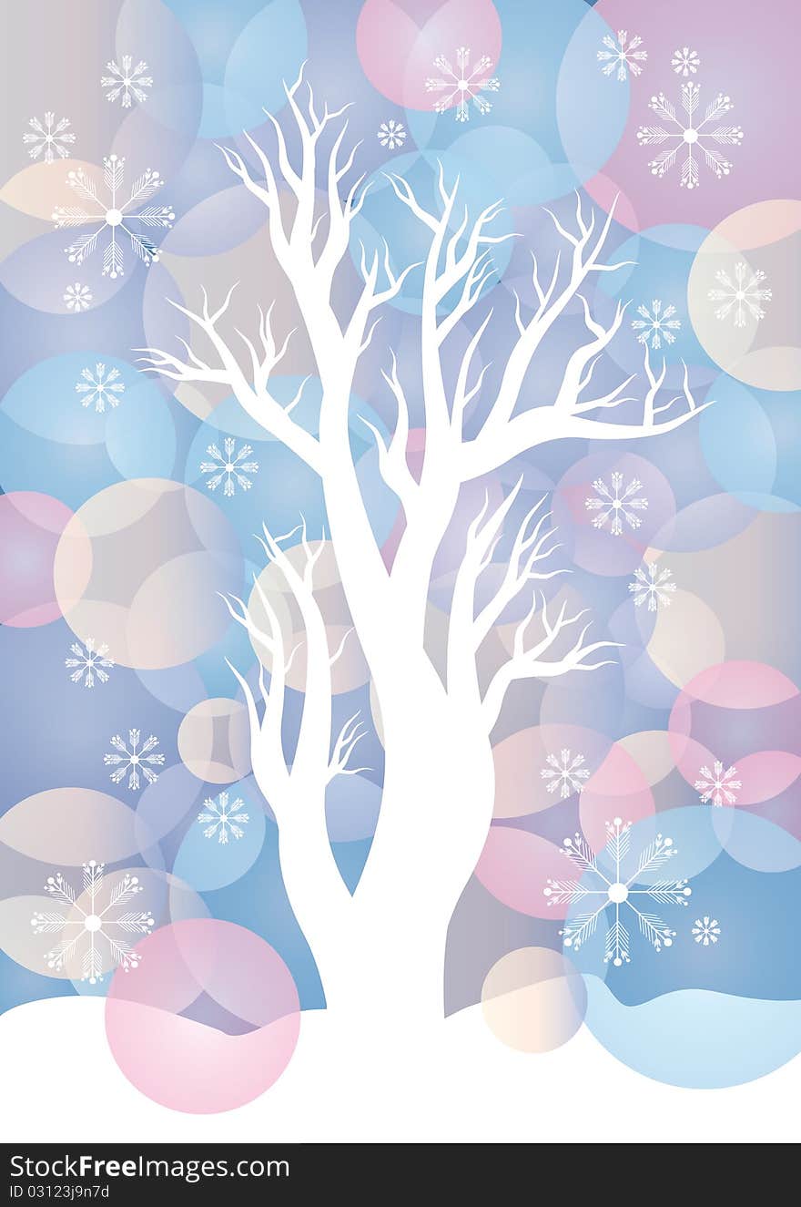 White tree on the bubble colored background with snowflakes. White tree on the bubble colored background with snowflakes