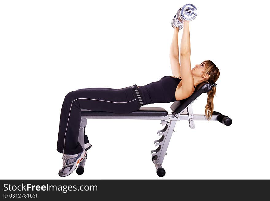 Girl working out towards white background